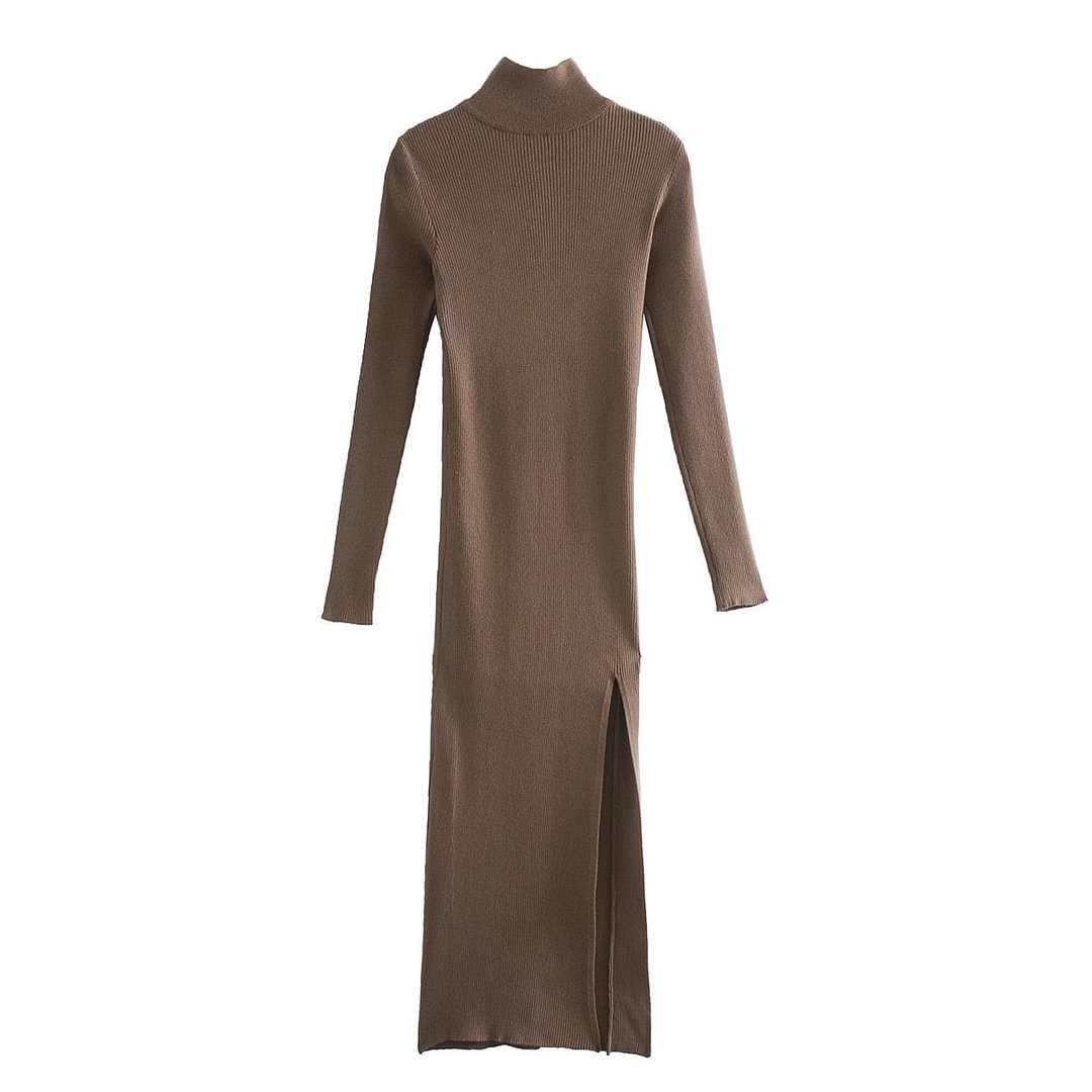 2021 Dress Women Long Sleeves High-Neck Elastic Midi Dress Fashion Elegant Chic Lady Knit Sweater Dresses Women robe femme
