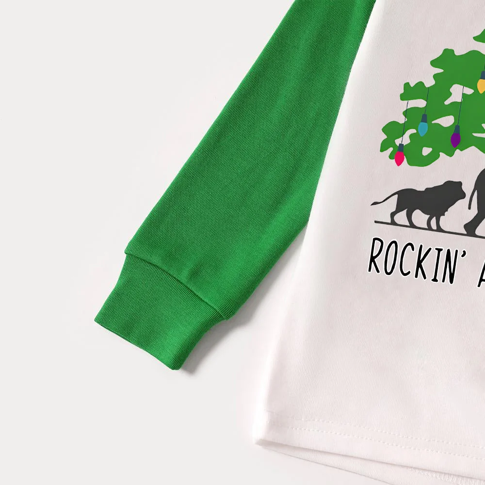 Family Christmas Shirts Christmas Tree Animal Kingdom Animal Kingdom Patterned and 'ROCKIN AROUND THE CHRISTMAS TREE' Letter Print Contrast Tops and Black and Gren Plaid Pants  Family Matching Raglan Long-sleeve Pajamas Sets