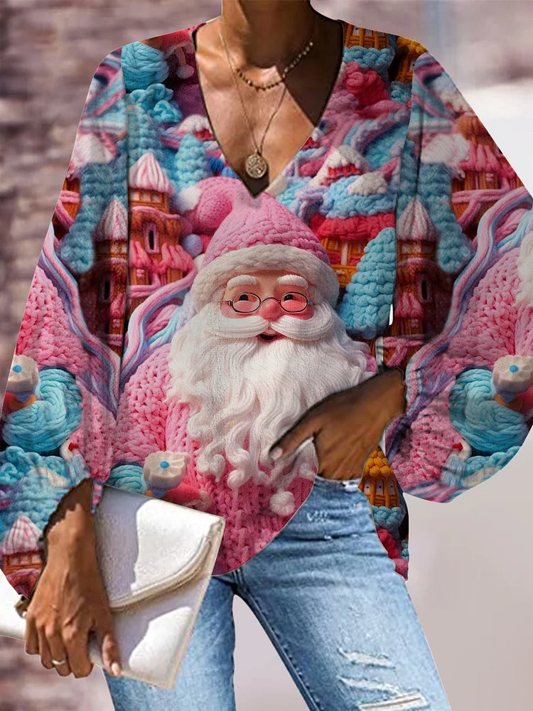 Damen gestricktes niedliches Weihnachts mann 3D-gedrucktes V-Ausschnitt lockiges, lässiges Laternen-Langarm-Shirt