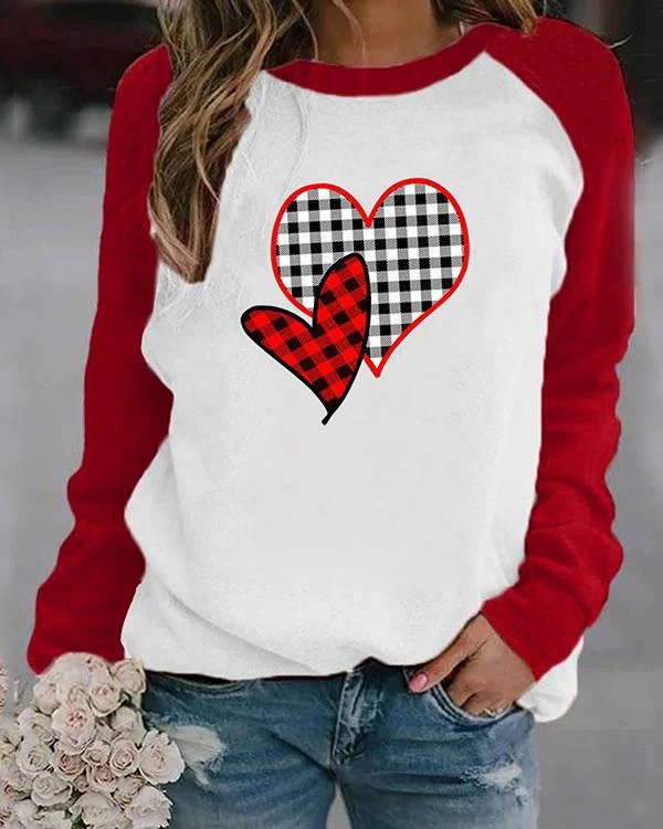 Heart Shaped Plaid Print Long Sleeves Color Block T-shirt