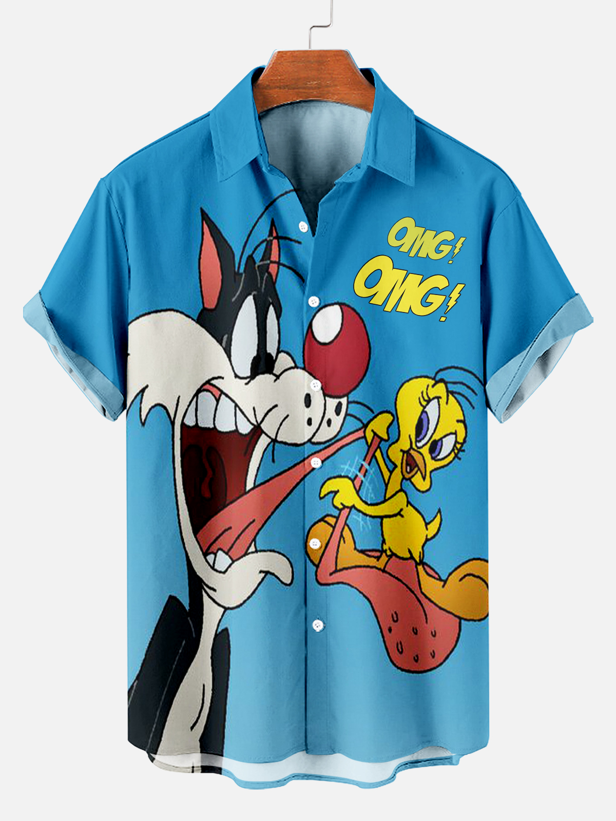 Men's Retro Classic Cartoon Fun Big Cat Short Sleeve Shirt PLUSCLOTHESMAN