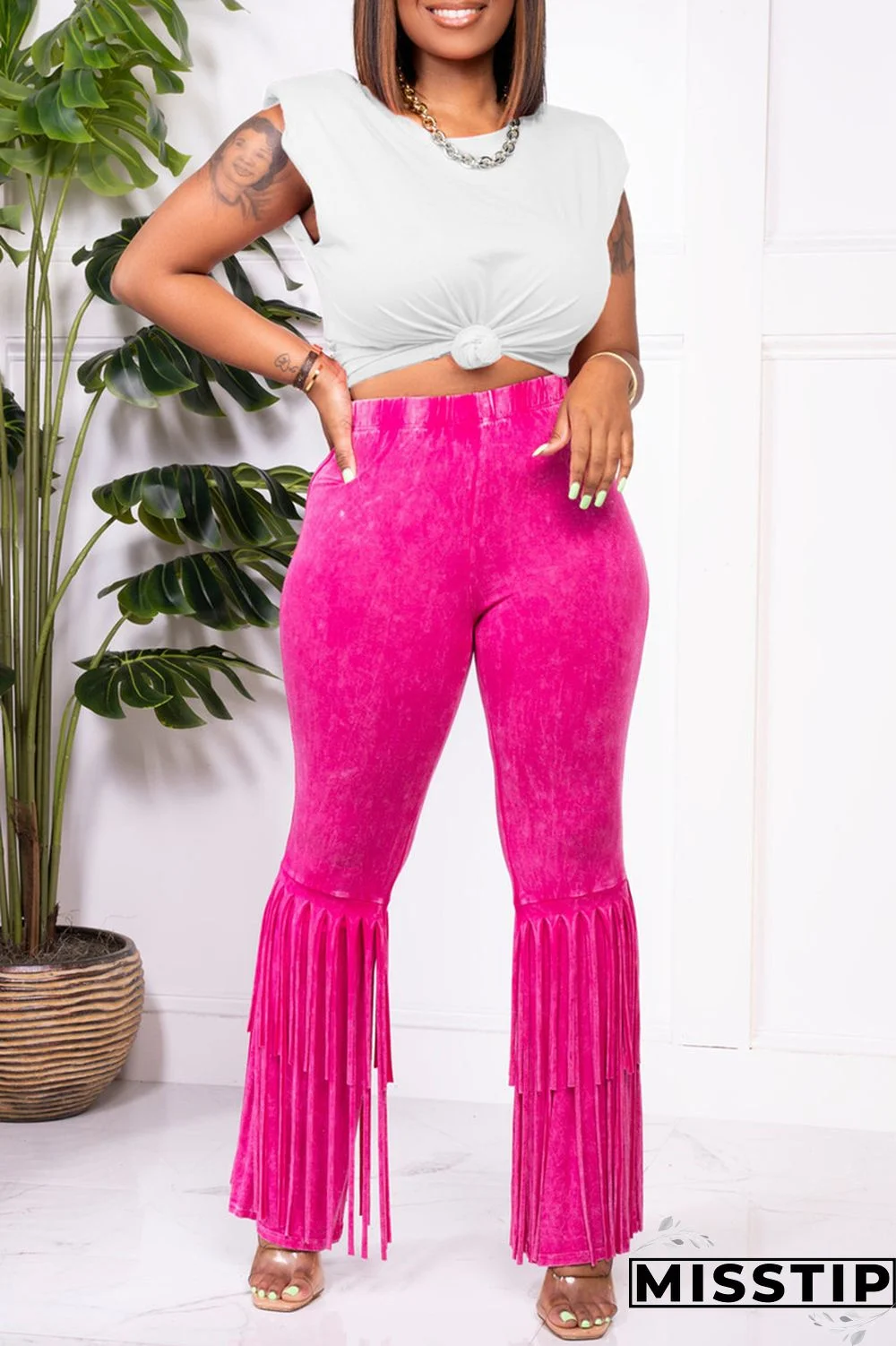 Black Fashion Casual Print Tassel Patchwork O Neck Sleeveless Two Pieces