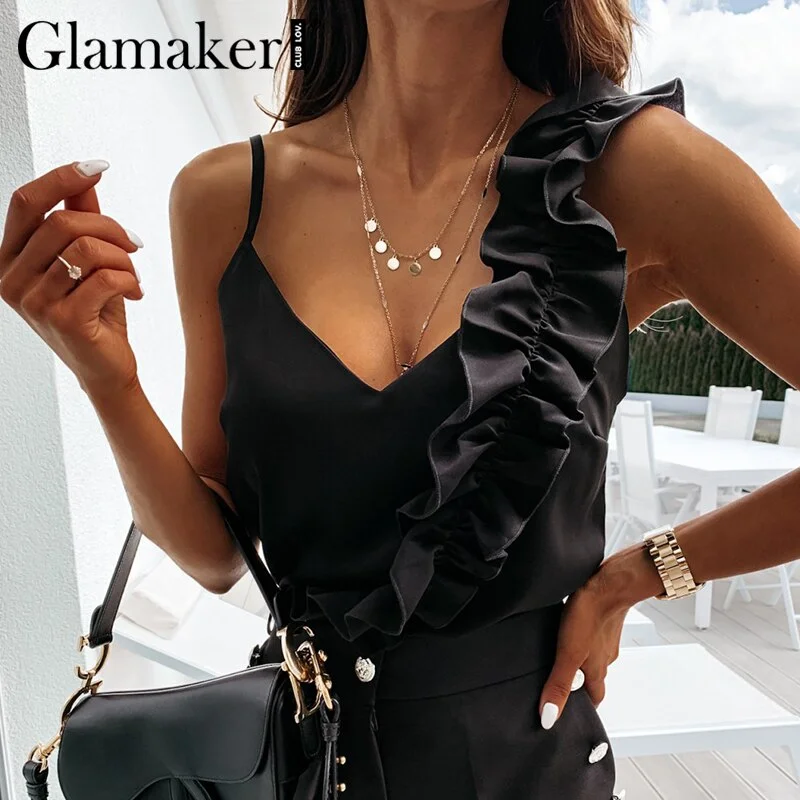 Glamaker Women Sexy V Neck Ruffle Blouse Shirts Summer Backless Spaghetti Strap Tops Elegant Sleeveless Office Ladies Blouses