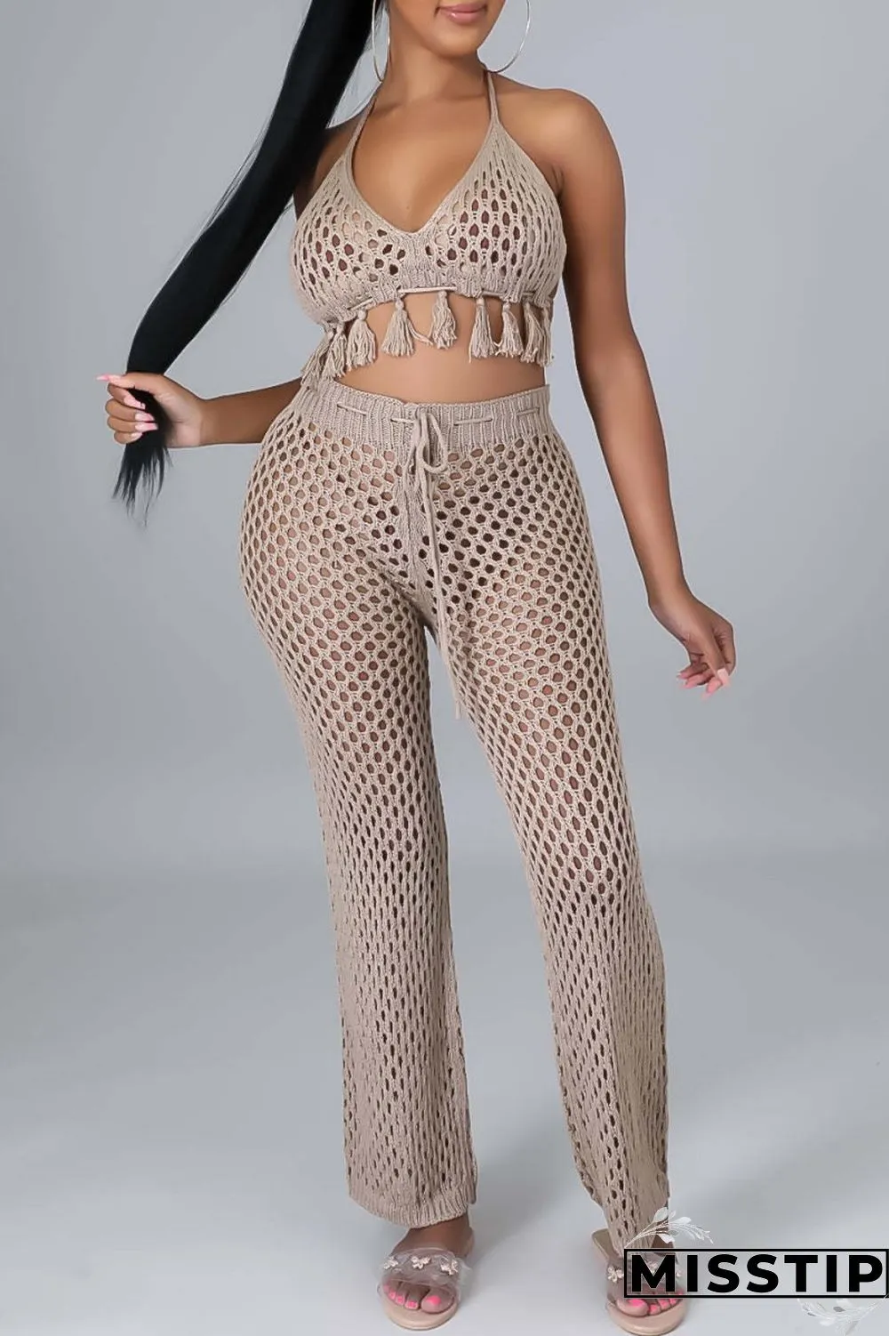 Orange Sexy Solid Bandage Hollowed Out Backless Halter Sleeveless Two Pieces