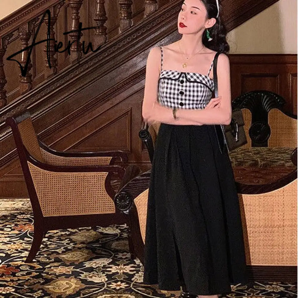 Sleeveless Dress Women Ulzzang Elegant Ladies Patchwork Tender Spaghetti Strap Vintage Streetwear Side-slit New Summer All-match Aiertu