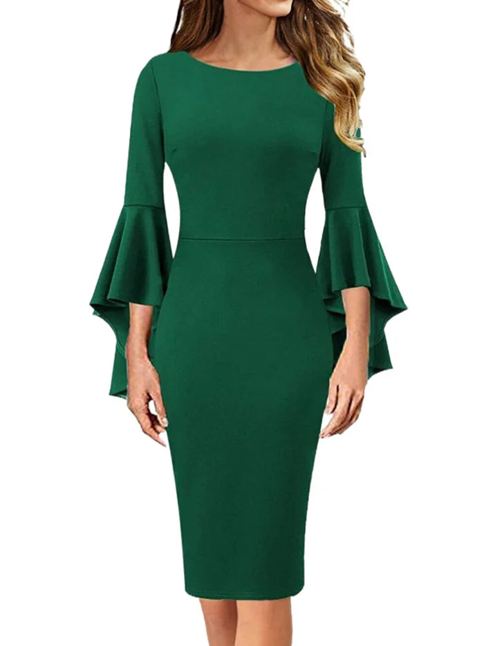 Round Neck Ruffle Sleeve Solid Color Dress