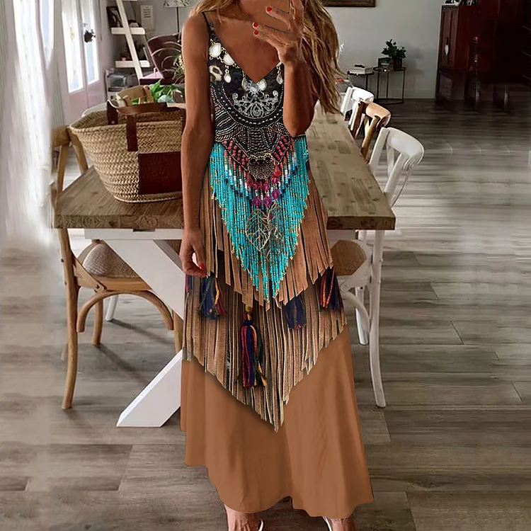 Comstylish Vintage Western Tassel Printed V-Neck Suspender Maxi Dress