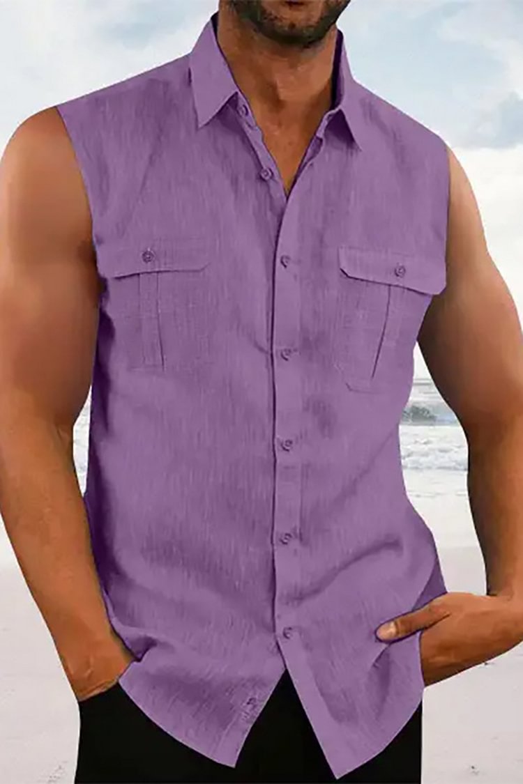 Men's Solid Color Lapel Sleeveless Tank Top