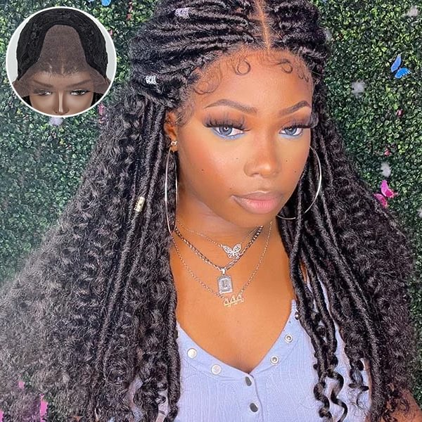 WEQUEEN Boho Faux Locs Goddess with Curls 4x4 Braided Lace Closure Wigs