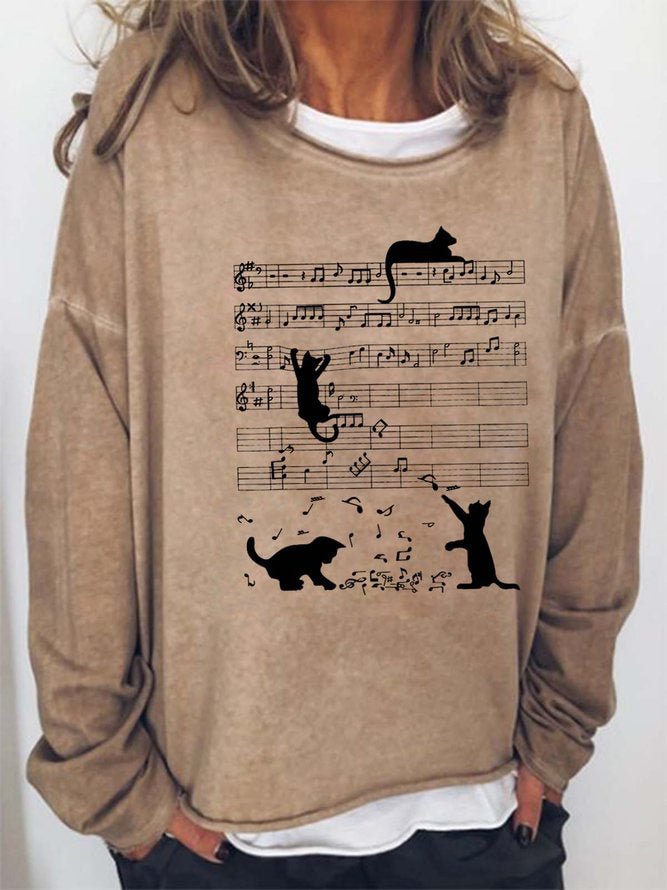 Long Sleeve Crew Neck Cat Music Printed Casual Sweatshirt