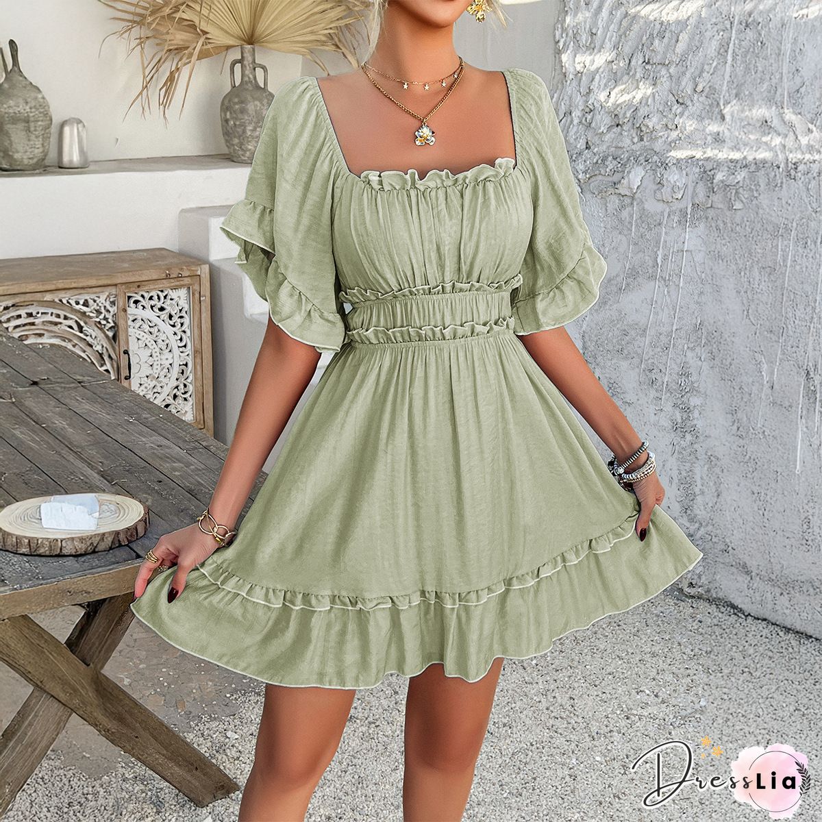 Sexy Striped V-neck Fungus Sleeve Lace-up Nightclub Dress