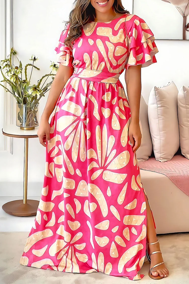 Abstract Floral Print Flutter Sleeve Slit A-Line Maxi Dresses-Pink