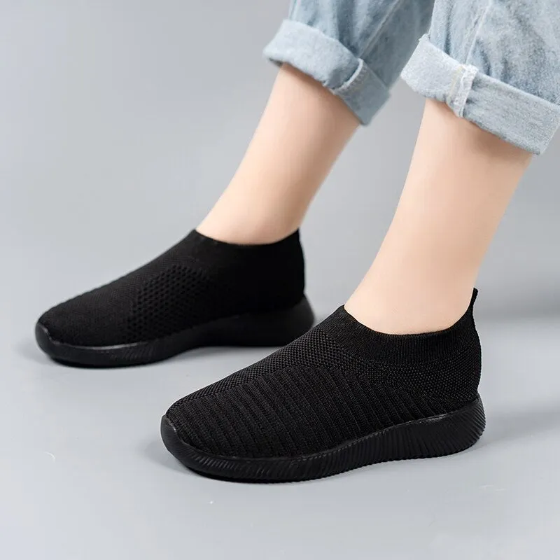 2021 new Women Spring Summer Soft Sneaker Knitted Mesh Vulcanized Shoes Casual Slip on Flat Walking Footwear Zapatos De Mujer