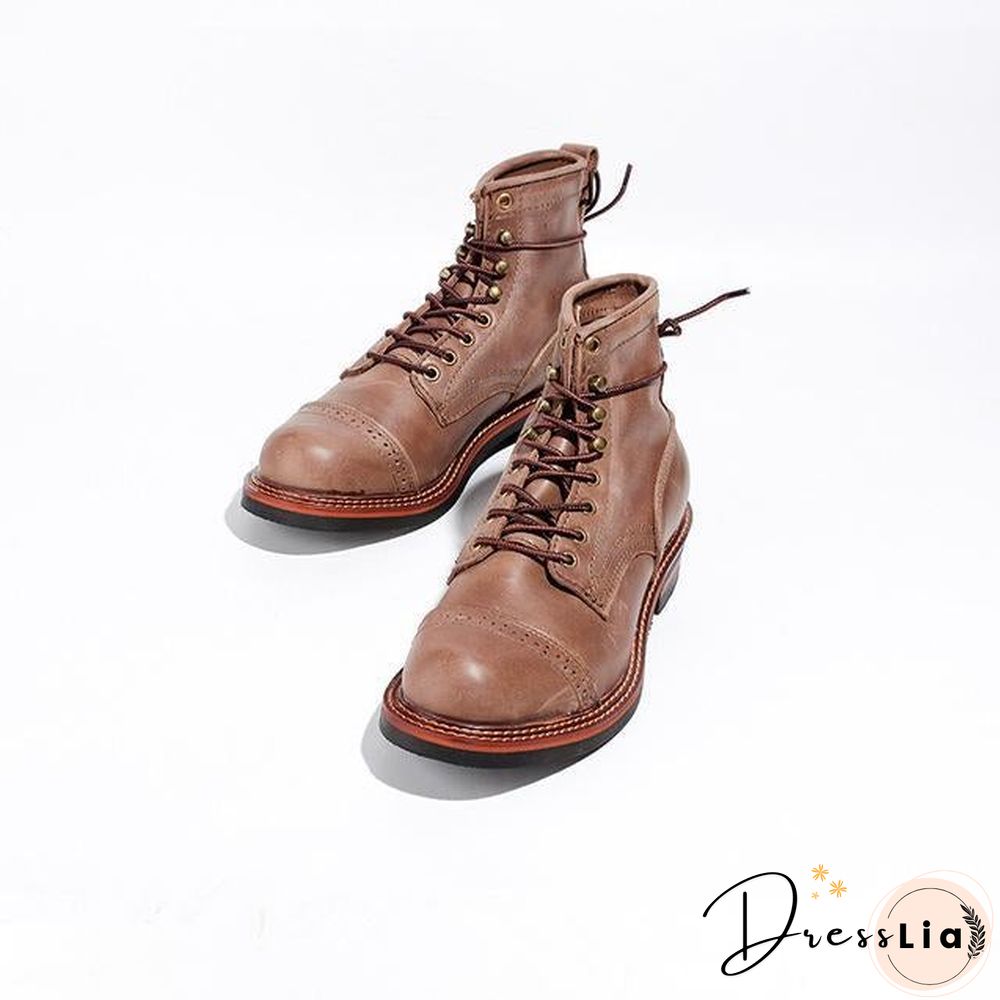 Genuine Genuine Leather Lace-Up Vintage High Quality Tooling White Ankle Boots Motorcycle Boots