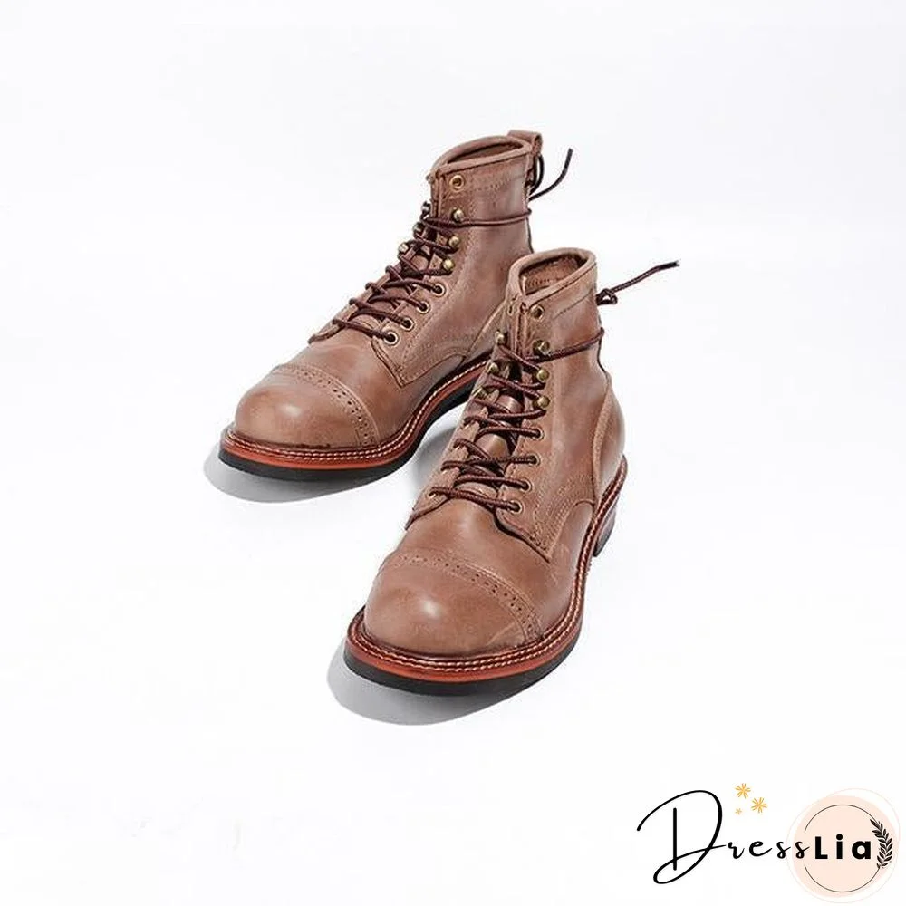 Genuine Genuine Leather Lace-Up Vintage High Quality Tooling White Ankle Boots Motorcycle Boots