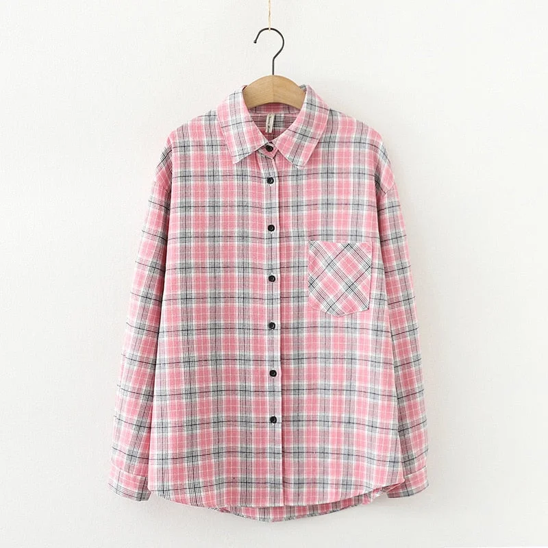 2021 New Loose Design Cotton Plaid Shirt Women Young Style Long Sleeve Blouses Casual Shirts Lady Tops Clothes Blusas