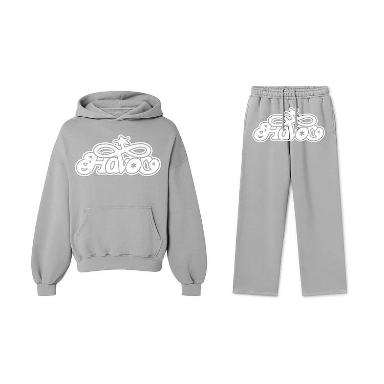 Casual Street Puff Print Hip Hop Hoodie & Flared Trousers Two Piece Set