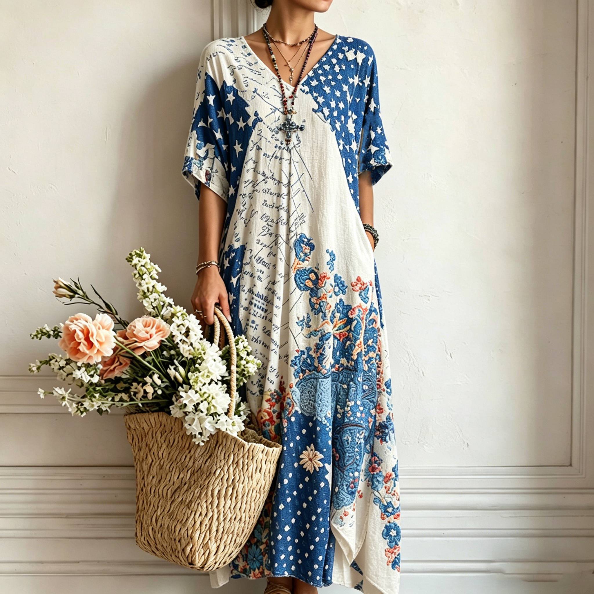  Women's Vintage American Flag And Floral Print Comfortable Cotton Linen V-neck Dress Westsshops