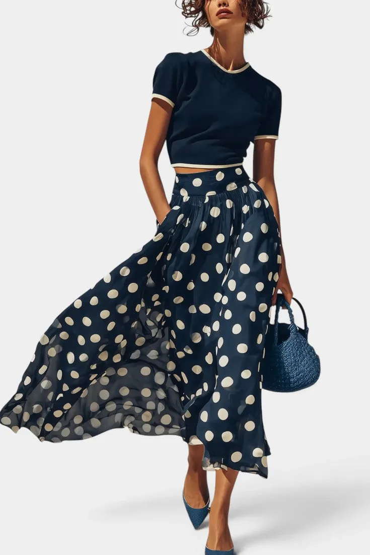 Contrast Trim Top with Polka-Dot Maxi Skirt Set