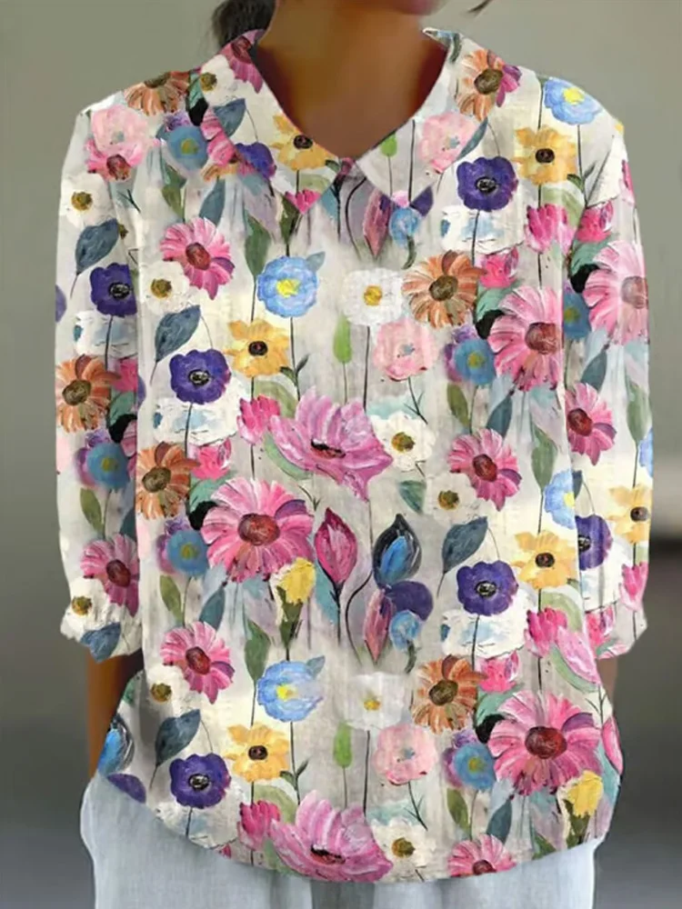 Women's Vintage Botanical Floral Patchwork Art Print Design Lapel Shirt