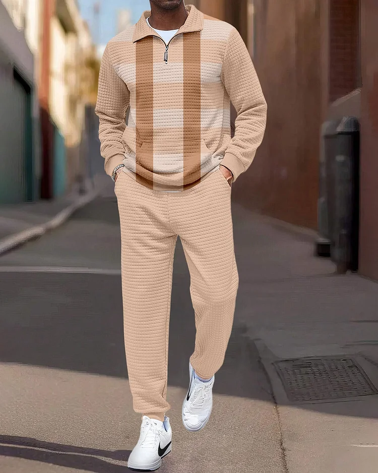 Men's Quarter Zipper Plaid Jacquard Jogging Set  010