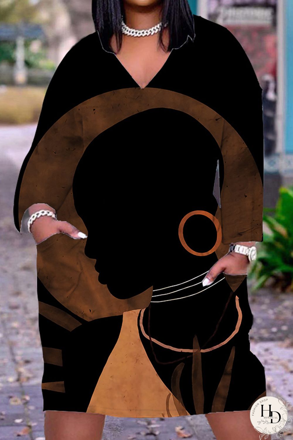 Black Orange Fashion Casual Print Patchwork V Neck Long Sleeve Dresses