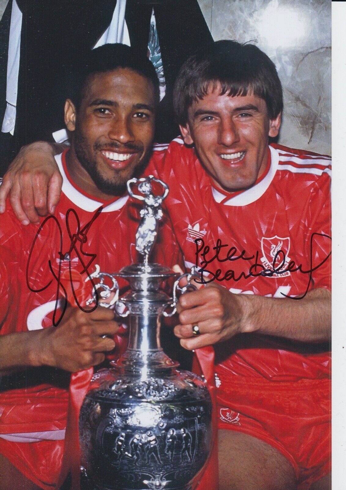 JOHN BARNES, PETER BEARDSLEY HAND SIGNED 12X8 Photo Poster painting LIVERPOOL FOOTBALL AUTOGRAPH