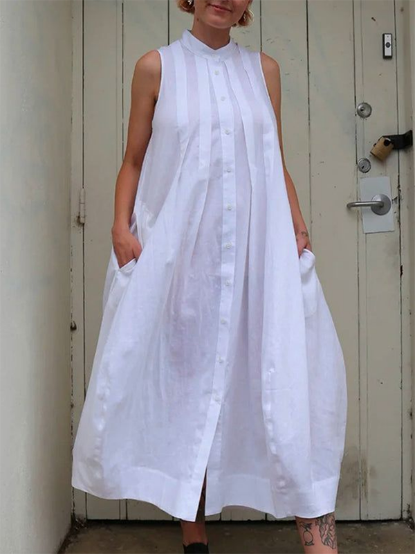 Loose Sleeveless Buttoned Pockets Solid Color Stand Collar Maxi Dresses Shirt Dress