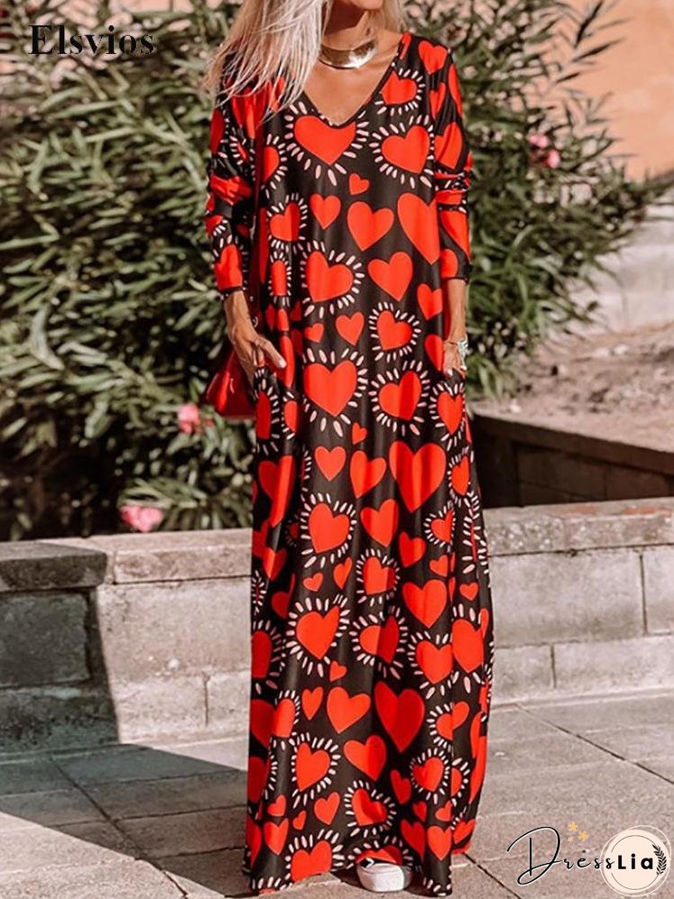 Women Pocket Heart Print Loose Pullover Dress Sexy V Neck Long Beach Dress Spring Summer Long Sleeve Maxi Party Dresses Vestidos