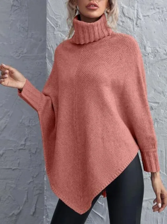 Turtleneck Asymmetrical Hem Poncho Sweater