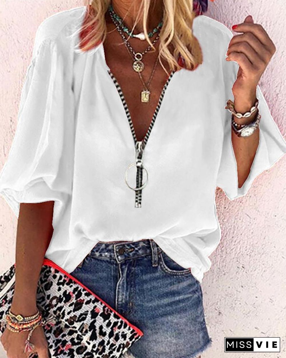 Lantern Sleeve Zipper Design Casual Top P13062