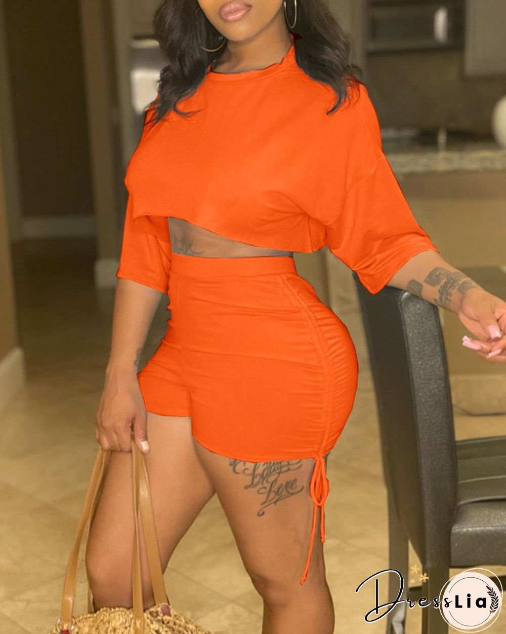 Solid Color Drop Shoulder Crop Top & Drawstring Ruched Shorts Set