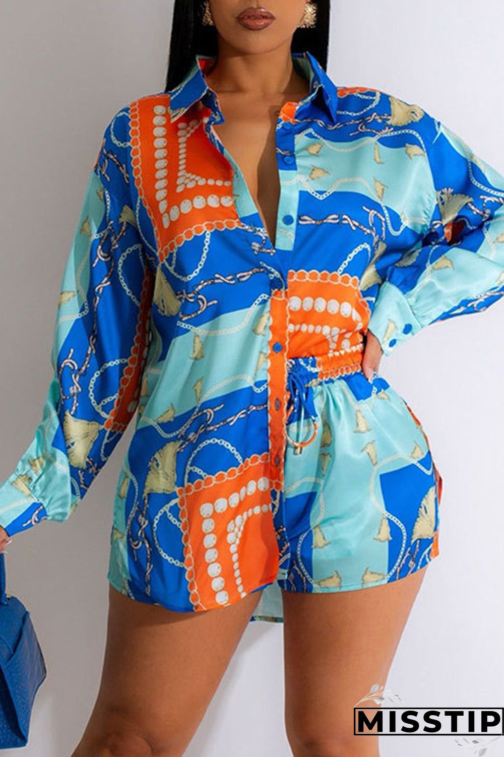 Yellow Casual Print Patchwork Buckle Turndown Collar Long Sleeve Two Pieces