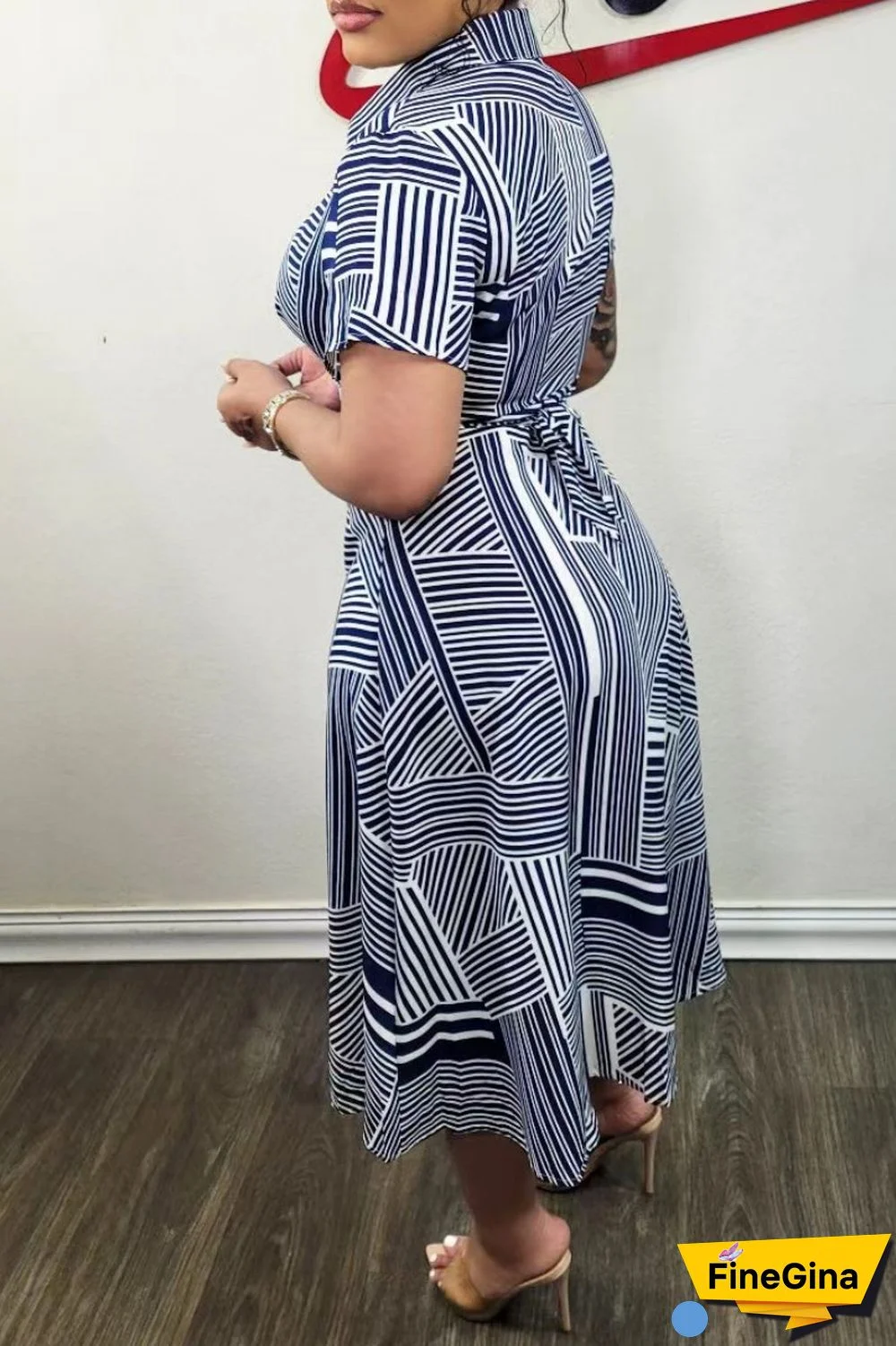 Blue Casual Print Patchwork Turndown Collar Short Sleeve Dress