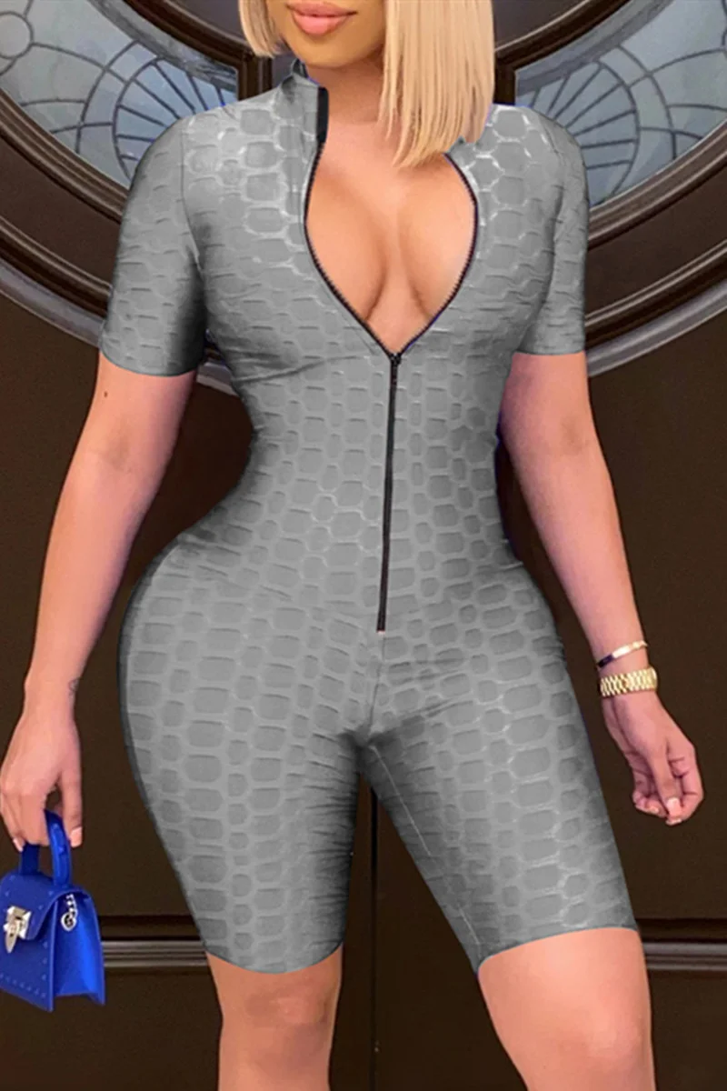 Grey Fashion Casual Solid Basic Zipper Collar Skinny Romper | EGEMISS