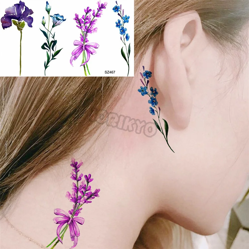 Colorful Hummingbird Small Temporary Tattoos For Women Girls Lavender Plum Blossom Fake Tattoo Sticker Wedding Neck Tatoos Ear