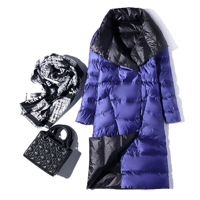 FTLZZ Ultra Light Long Jacket Women Winter Double Sided Slim White Duck Down Coat Single Breasted Turtleneck Warm Parkas