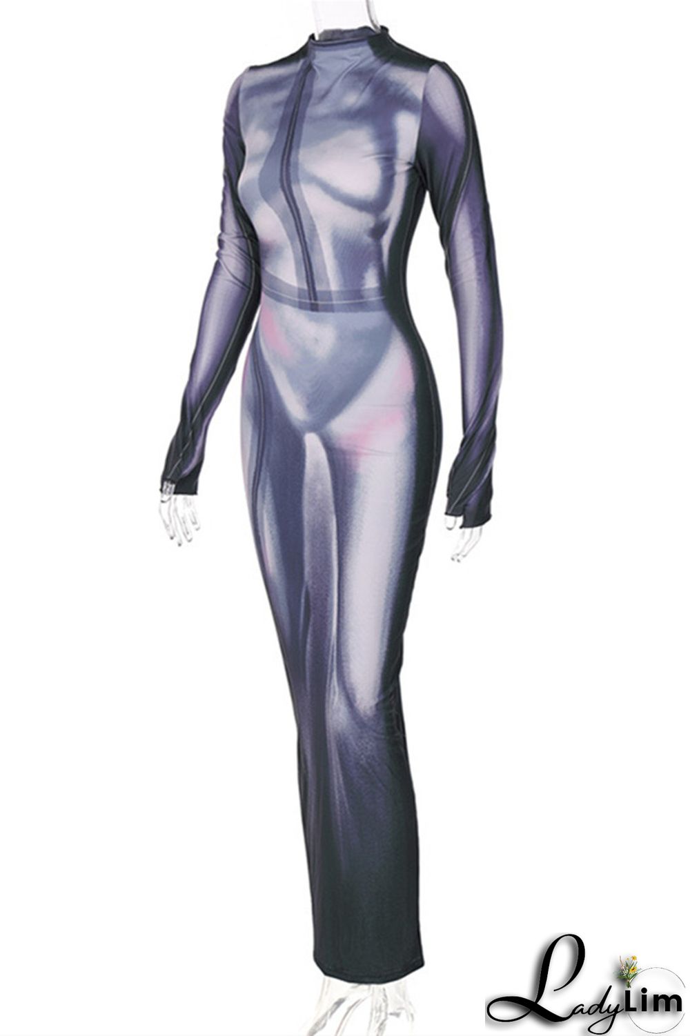 Black Fashion Casual Print Slit O Neck Long Sleeve Dresses