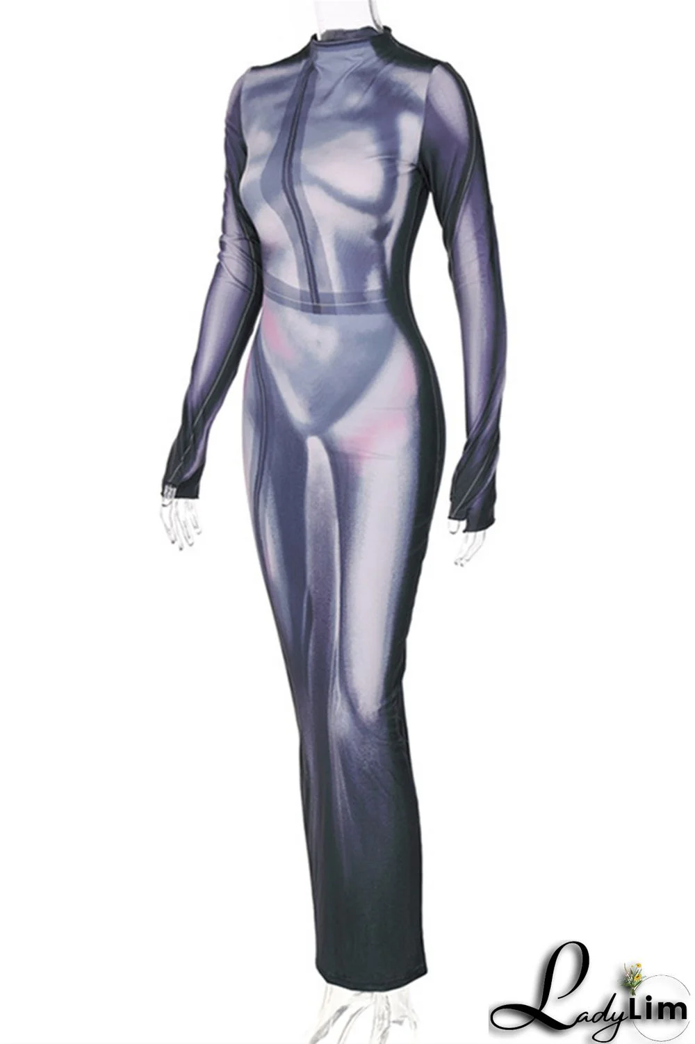 Black Fashion Casual Print Slit O Neck Long Sleeve Dresses