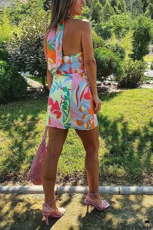 Print Halter Neck Backless Mini Dress