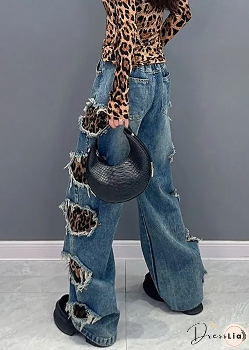 Leopard Pockets Patchwork Denim Pants High Waist