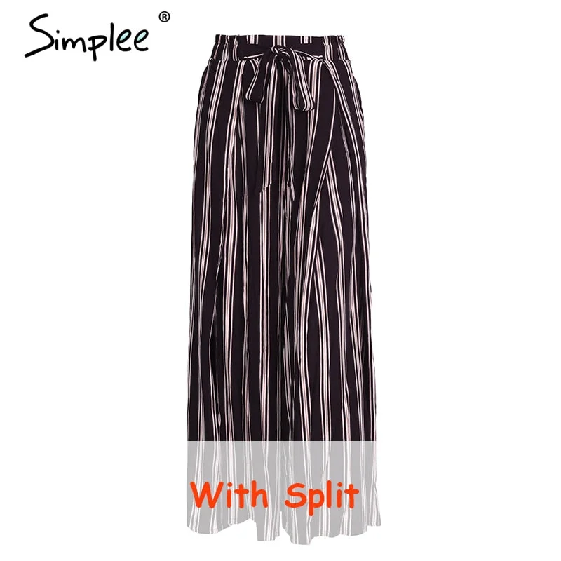 Simplee Split striped lady wide leg pants women Summer beach high waist trousers Chic streetwear sash casual pants capris female