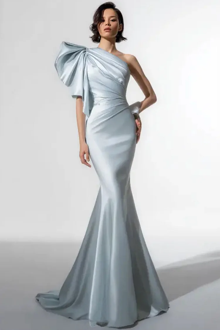 Asymmetric Bow One Shoulder Mermaid Maxi Dress-Light Blue [Custom-Made]