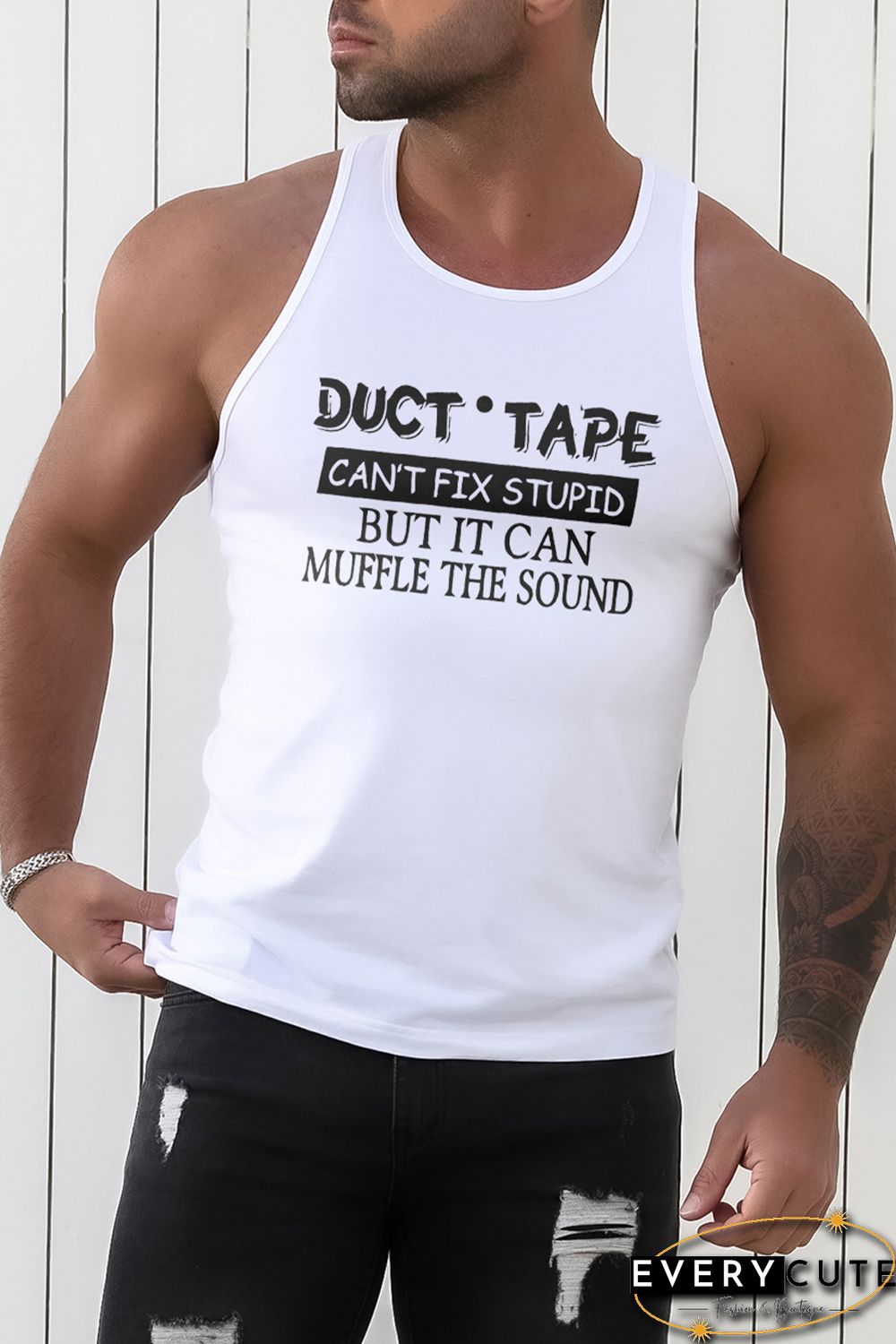 White DUCT TAPE Letter Print Muscle Fit Racerback Tank Top