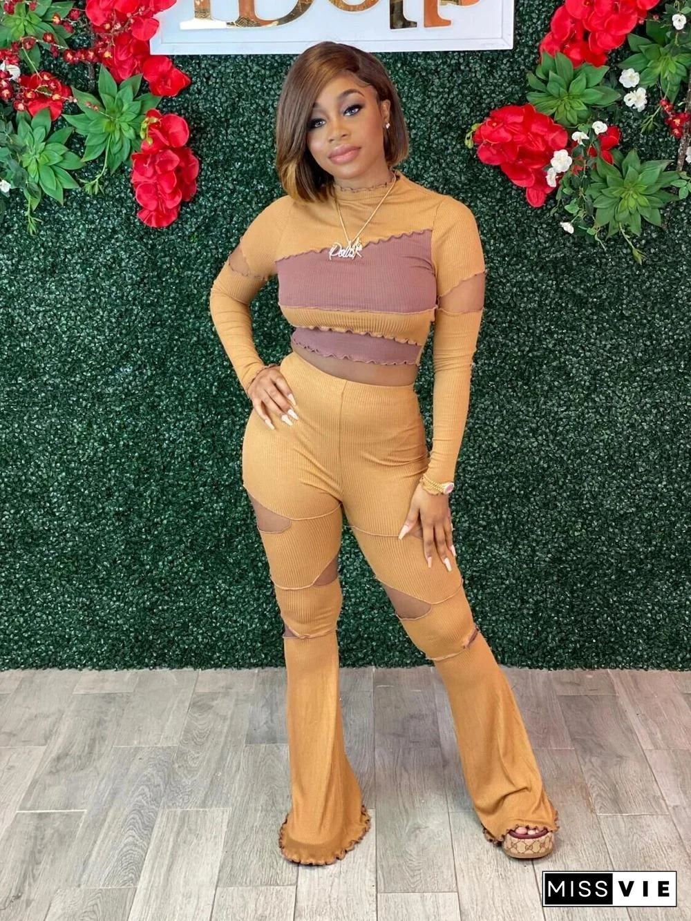 Winter Thread Knit Splicing Long Sleeve Crop Top Flares Pants Outfit
