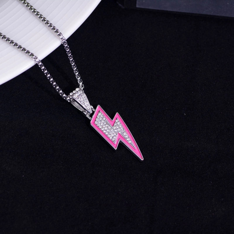 IG Style Hip-Hop Lightning Alloy Titanium Steel Inlay Rhinestones Unisex Pendant Necklace Men Pendant Necklaces