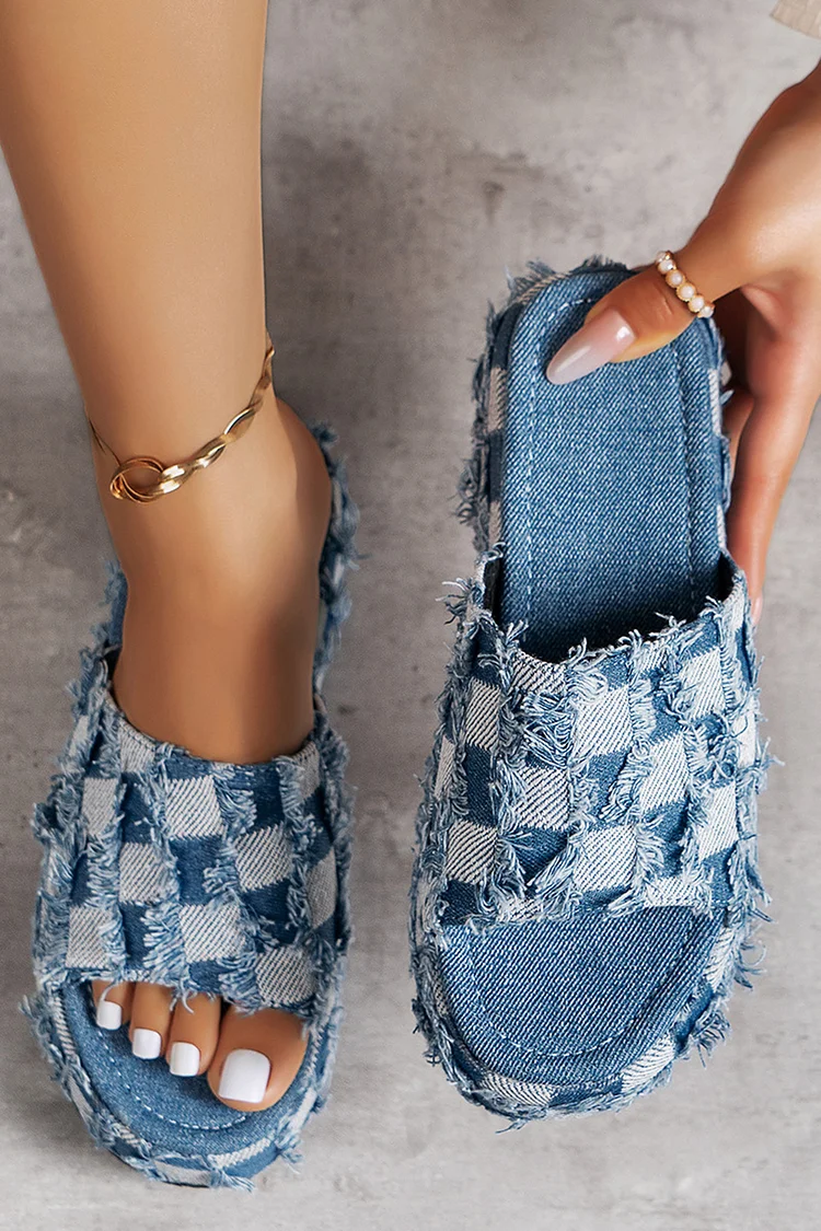 Daily Denim Raw Edge Plaid Pattern Slippers
