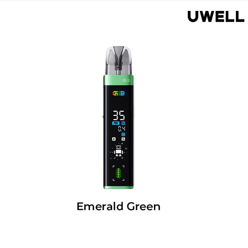 UWELL Caliburn G3 Pro 35W pod system, Emerald Green color, showing 35W power and 0.4 ohm coil.