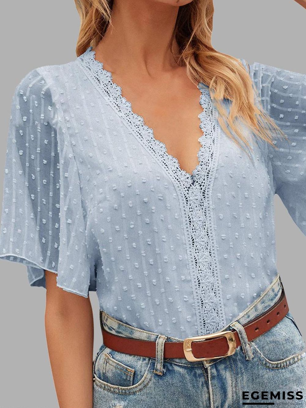 Casual Solid Color Lace V-Neck Short Sleeve Blouse | EGEMISS