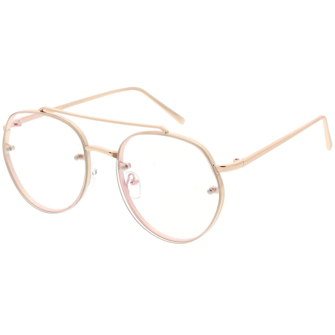 Modern Round Aviator Eyeglasses Slim Brow Bar Rimless Clear Flat Lens  59mm